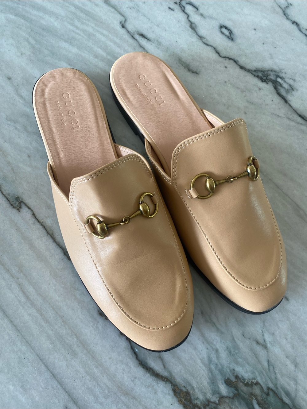 Womens Beige Leather Horsebit Slip-On Mules
